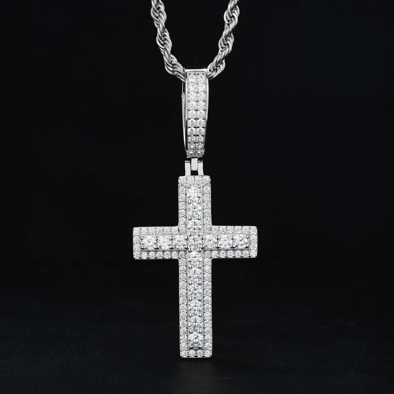 Unisex Iced Out Moissanite Hip Hop Cross Pendant Necklace 925 Sterling Silver Color  For Women Charm Fine Jewelry
