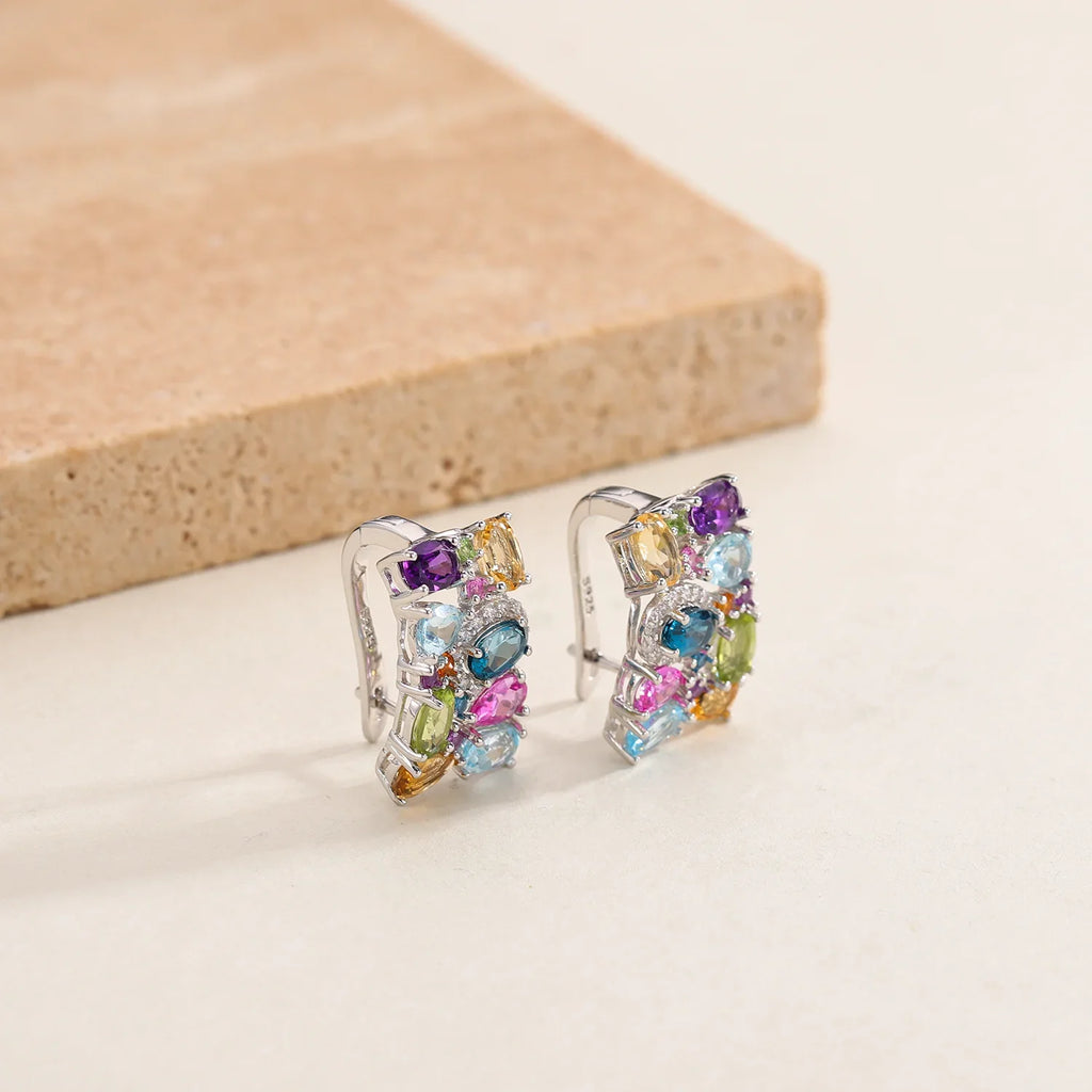 GEM'S BALLET 925 Sterling Silver Handmade Jewelry Multicolor Birthstone Earrings Natual Citrine  Amethyst Topaz Clip Earrings