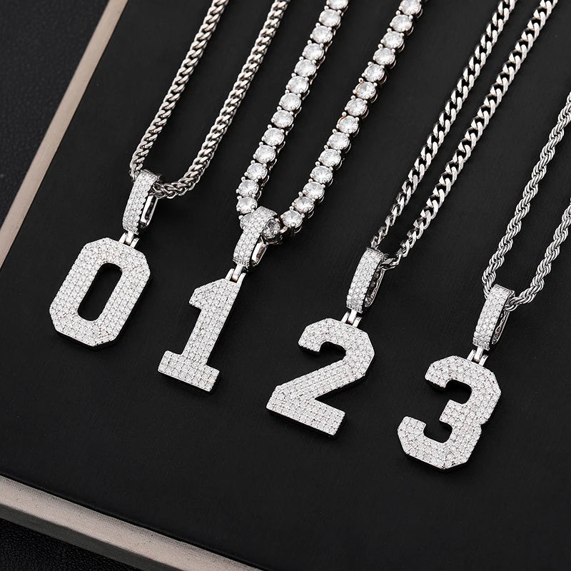 0-9 Lucky Numbers Moissanite Pendants Necklaces For Women 925 Silver Pendants Men Hip Hop Jewelry Fashion Birthday Gifts