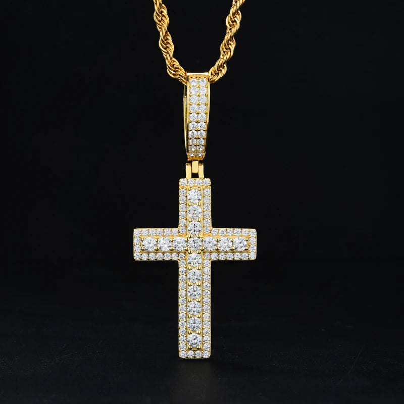 Unisex Iced Out Moissanite Hip Hop Cross Pendant Necklace 925 Sterling Silver Color  For Women Charm Fine Jewelry