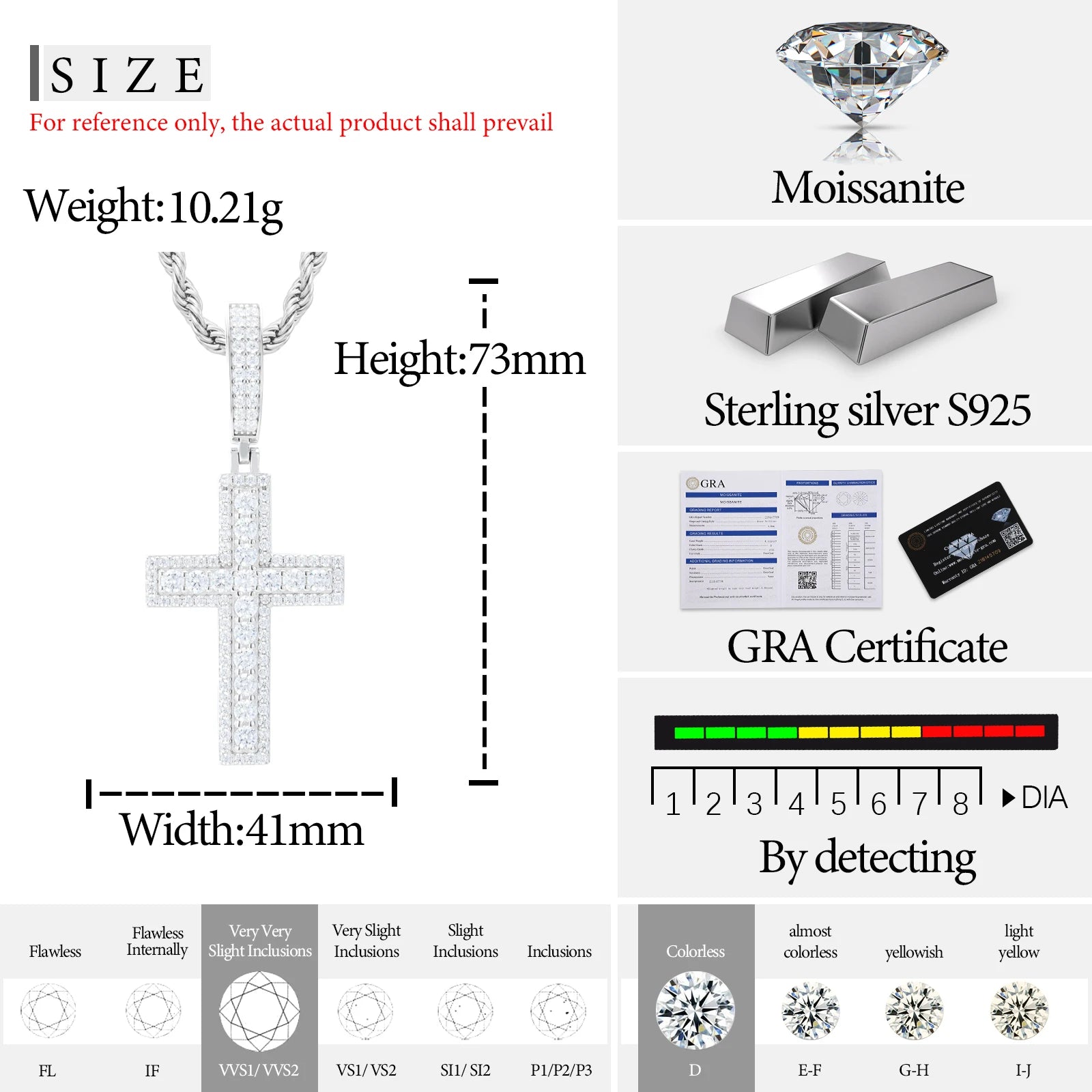 Unisex Iced Out Moissanite Hip Hop Cross Pendant Necklace 925 Sterling Silver Color  For Women Charm Fine Jewelry