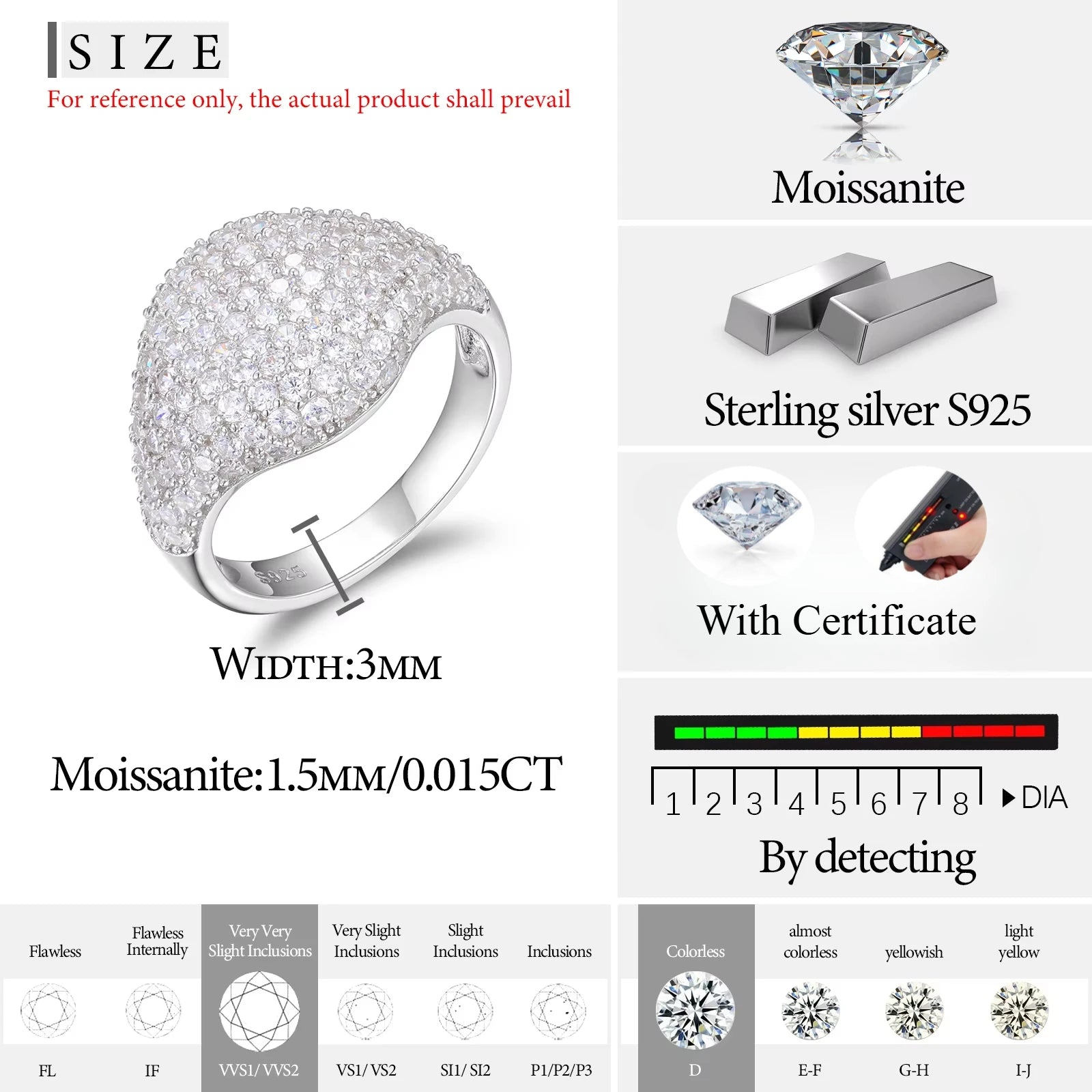 3 Rows 3mm Moissanite Classic Women Ring 925 Silver For Women Moissanite VVS1 D Color With Gra Certificate Pass Diamond Tester