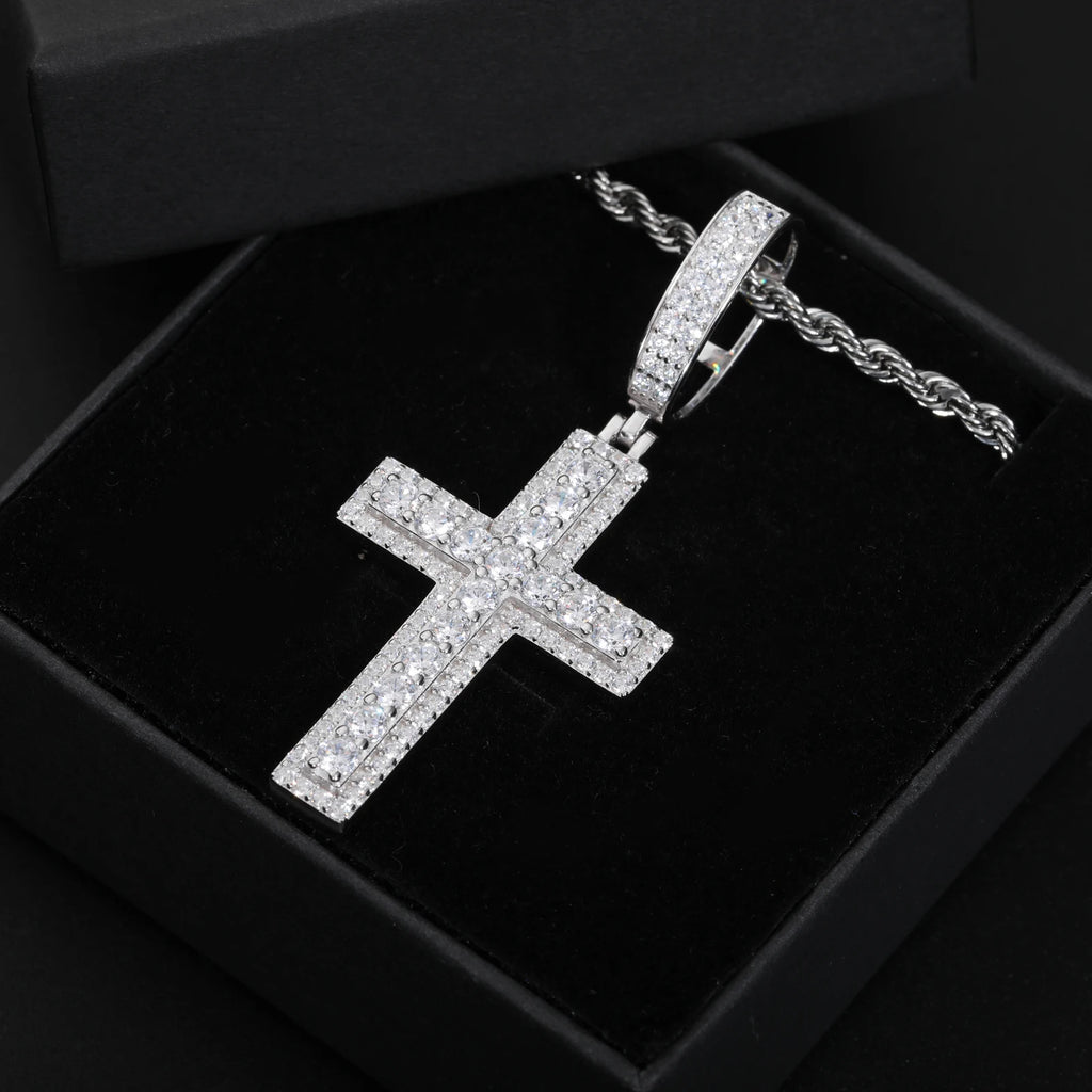 Unisex Iced Out Moissanite Hip Hop Cross Pendant Necklace 925 Sterling Silver Color  For Women Charm Fine Jewelry